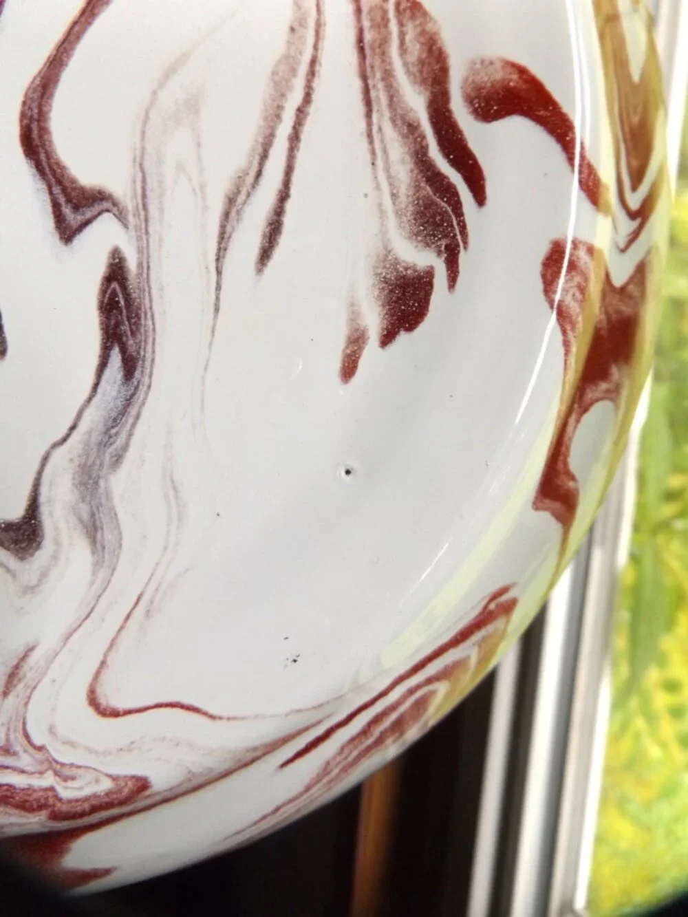 Vintage 12 ½” Red Swirl Enamelware Bowl Black Rim w/Rack Marks